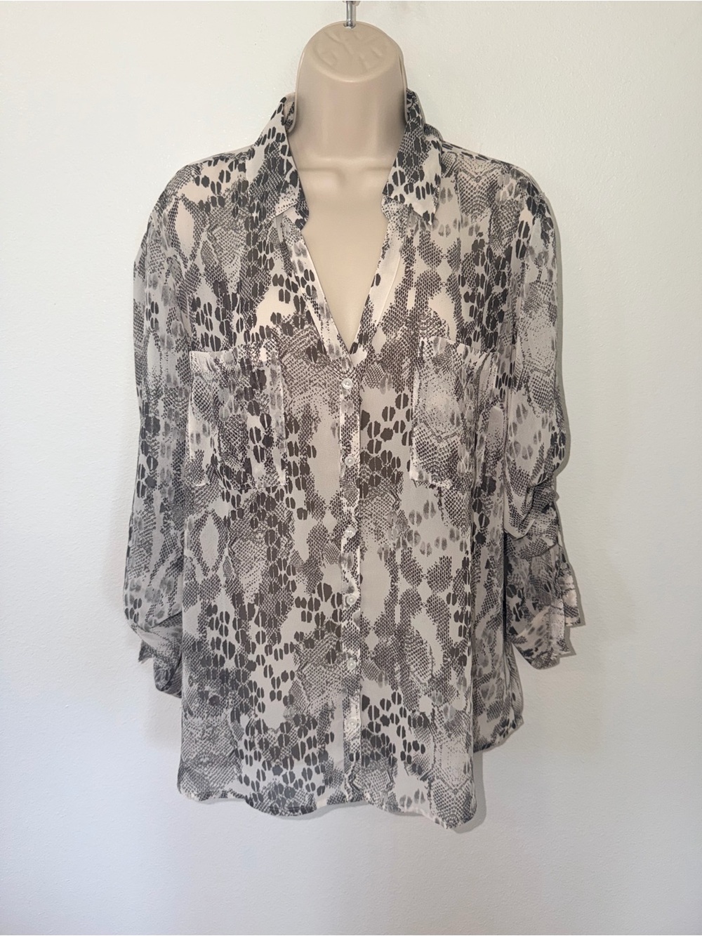 Express Sheer Snake-Print Button-Down Blouse - Gray/White